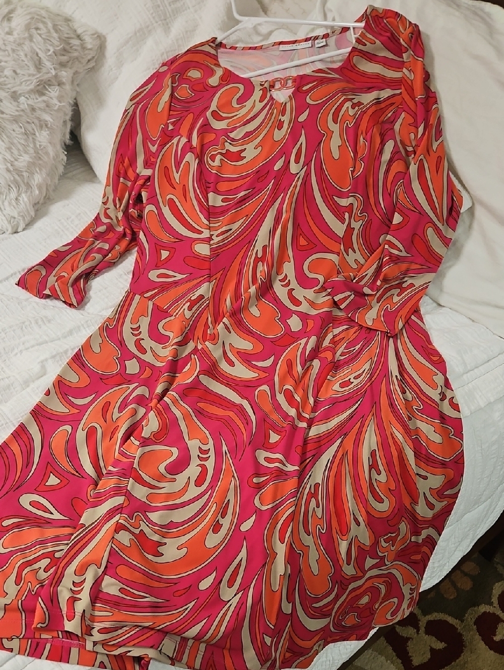 Susan Graver Pink & Orange Swirl-Print Long Sleeve Dress Size L